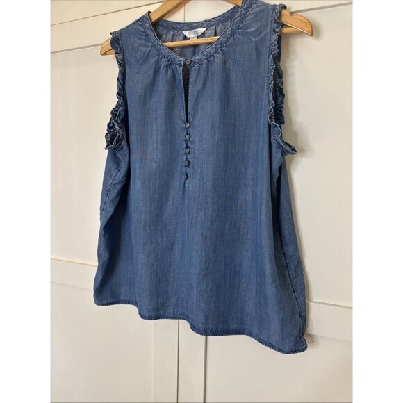 Time andTru Womens Ladies Blue Chambray Sleeveless Ruffle Blouse Top Size Large - Picture 5 of 10